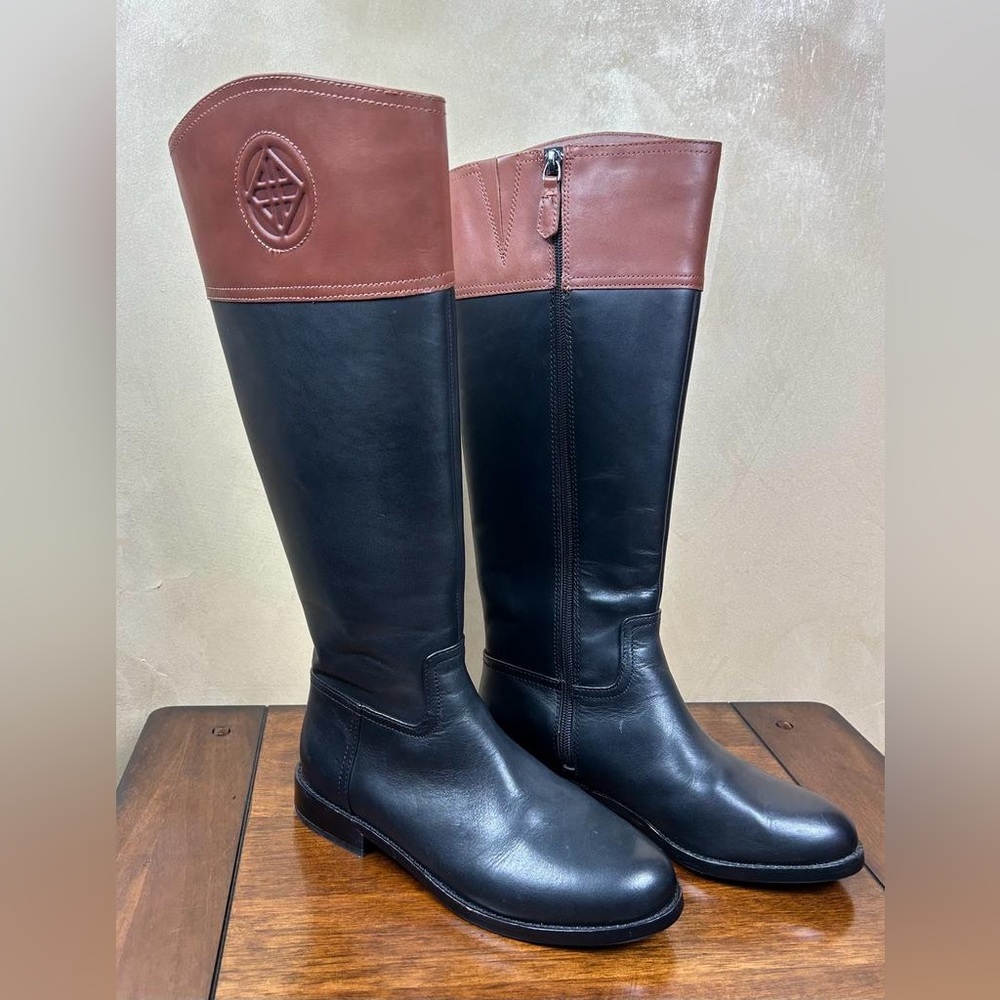 Antonio Melani Black Leather Brown Trim Zip Knee High Riding Boots Women 7.5 M